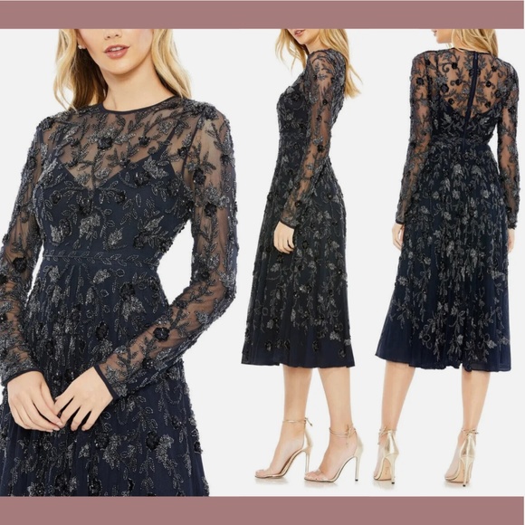 Mac Duggal Dresses & Skirts - NEW $598 Mac Duggal [ 4‎ ] Beaded Floral Long Sleeve Midi Dress Navy Blue